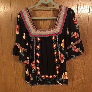 Anthropologie Black Floral Top with Woven Collar